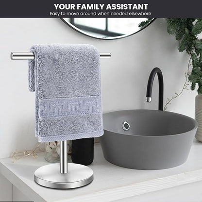 Hand Towel Holder Stand, Freestanding Bathroom Towel Rack, Silver | Weighted Stainless Steel Base Helps Prevent Tipping While The Open T-Shape Keeps Towels Dry on Bathroom Countertops