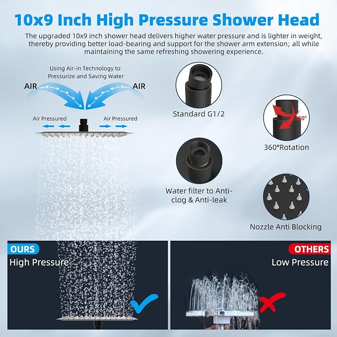 Hibbent 10'' Filtered Rain Shower Head, Extension Arm, Oil Rubbed Bronze | High Pressure Rainfall Showerhead, Brass Adjustable 16" Shower Head Extension Arm, 20 Stage Shower Filter, Fixed Showerheads