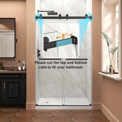 43"-48" W x 76" H Frameless Shower Door,Sliding Shower Door with 5/16"(8MM) SGCC Clear Tempered Glass,Reversible Installation,Nano Explosion-Proof Film,Waterproof Strip,for Bathroom,Matte Black