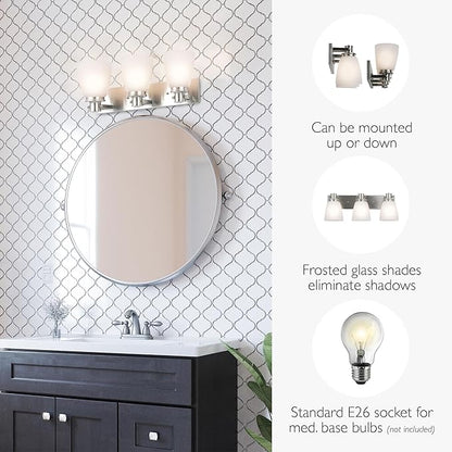 Design House Atkinson Vanity Light, 3-Light, Frosted White Glass Shades, Dimmable, Up/Down Mountable, E26 Socket, Satin Nickel, 23.3 in L x 7.4 in W x 8.6 in H, 589523