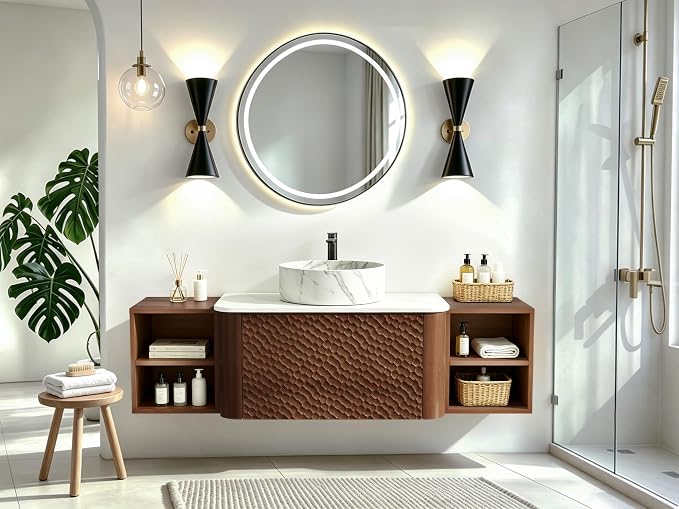 54 Inch Modern Bathroom Vanity with Ceramic Sink, Floating Bathroom Sink Cabinet with Sintered Stone Top&Solid Wood Hammered Frame, Single Bathroom Vanities w/Soft-Close Drawer&2 Side Open Cube