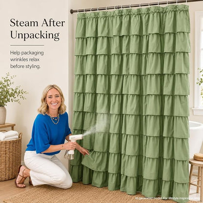 Sage Green Ruffle Shower Curtain for Bathroom, 72x72 inch, 1 Panel | Boho Cottage Chic Style, Soft Microfiber Fabric, Standard-Size Ruffled Curtain, 12 Hooks Included, Machine Washable, Opaque