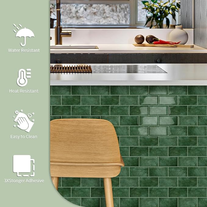 10-Sheet Thick Peel and Stick Kitchen Backsplash Tiles | 3D Subway Waterproof Self-Adhesive Wall Tile Stick on Backsplash for Kitchen and Bathroom(Light Green,12.6"×10.6")