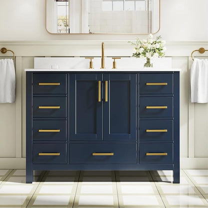 48-Inch Bathroom Vanity with Sink, 2 Soft-Close Doors and 9 Soft-Close Drawers, Bathroom Freestanding Vanity with Cultured Marble Countertop, Navy Blue Vanity W/Gold Handles