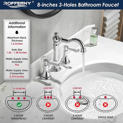 Porcelain Polished Chrome Bathroom Faucet 8" Widespread 3 Holes | Includes Plastic Pop-Up Drain & Two 23.6" Supply Lines, Classical 8" Spread Lavatory & Bath Vanity Sink Faucets, Brass Spout