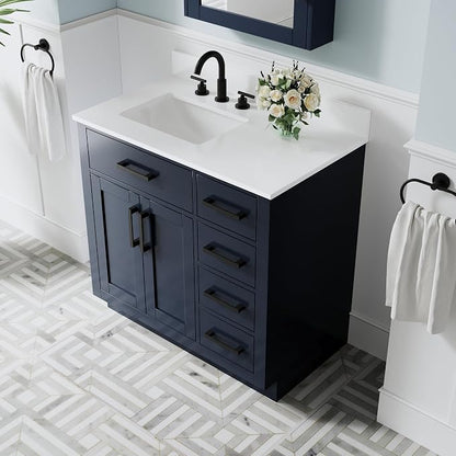 36-Inch Bathroom Vanity with Sink W/ 2 Doors & 4 Drawers & 1 Flip Drawer,Navy Blue Vanity W/Matte Black Handles