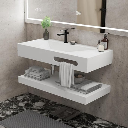 QJ&XY Resin Bathroom Sink 40" Wall Mounted V-Shaped White Basin with Towel Rack, Floating Vanity Sink in Soft-Touch Finish (Double Tier)