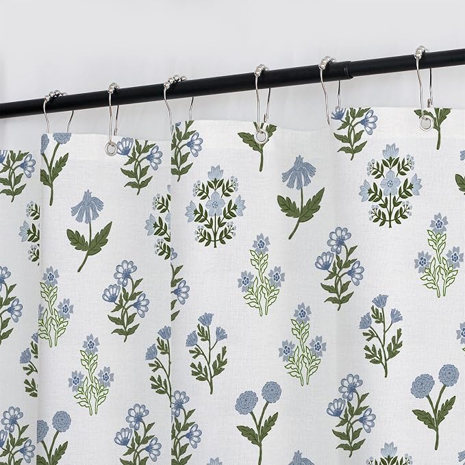 MUGINYU Abstract Vintage Floral Cotton Shower Curtain - Floral Block Print Pattern in Blue and Green,Botanical Boho Shower Curtain Set for Rustic Farmhouse Frenchy Bathroom Decor 72x72 Inch