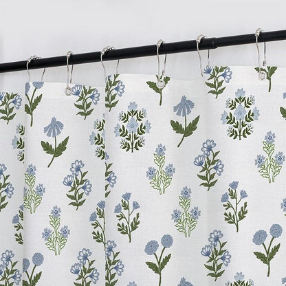 MUGINYU Abstract Vintage Floral Cotton Shower Curtain - Floral Block Print Pattern in Blue and Green,Botanical Boho Shower Curtain Set for Rustic Farmhouse Frenchy Bathroom Decor 72x72 Inch