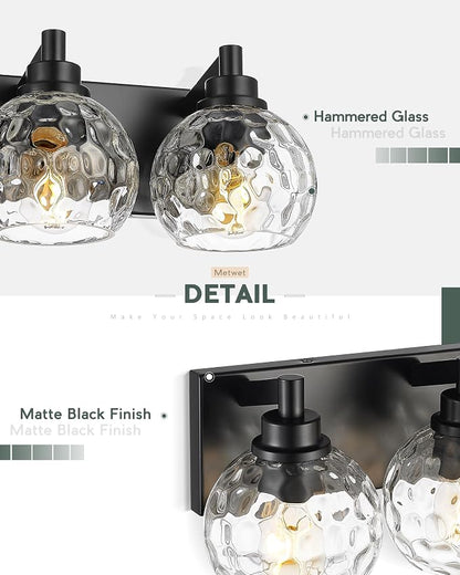 6-Light Black Bathroom Vanity Light, Hammered Glass Globe Shade | 38 Inch matte black modern bathroom light fixture over mirror, UL listed, E26 bulbs, hardwired, upward only, VL200-MB-CL-6