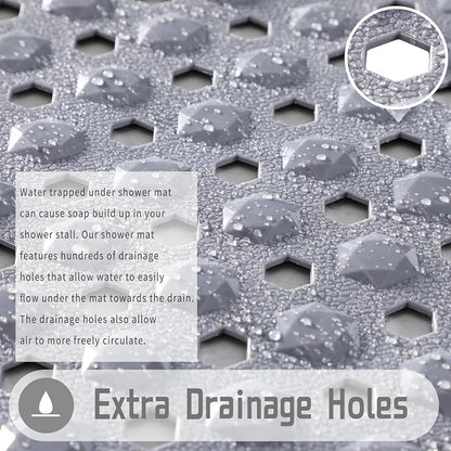Yimobra Square Shower Floor Mat Non Slip, 21"X21" Machine Washable Bath Tub Mat, Soft on Feet, Bathmat with Drain Holes and Suction Cups, Fast Draining, Grey