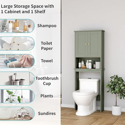 Shintenchi Over the Toilet Storage Cabinet, Bathroom Shelf Organizer with Anti-Tip Device Small Freestanding Space Saver with Adjustable Shelf，Green