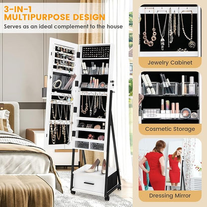 Rolling Jewelry Cabinet with Wheels, Lockable Jewelry Organizer Box with Drawers, Freestanding Jewelry Armoire with Full-length Mirror, for Women Girls Bedroom Cloakroom (White)