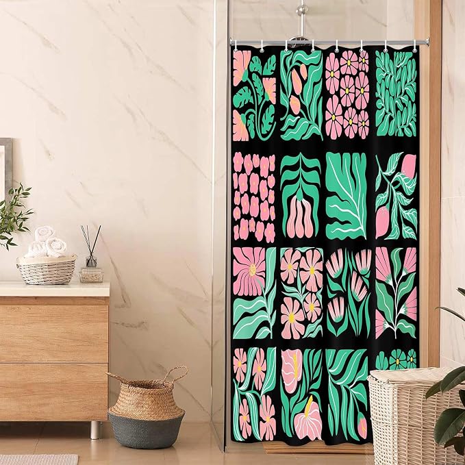 JAWO Pink Green Floral Shower Curtain for Bathroom, Retro Boho Floral Shower Curtains Decor for Women Girls, Vintage Botanical Geometric Groovy Aesthetic Pattern Shower Curtain Sets with Hooks70X70IN