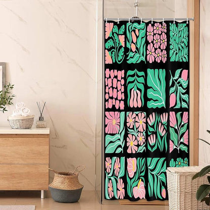 JAWO Pink Green Floral Shower Curtain for Bathroom, Retro Boho Floral Shower Curtains Decor for Women Girls, Vintage Botanical Geometric Groovy Aesthetic Pattern Shower Curtain Sets with Hooks70X70IN