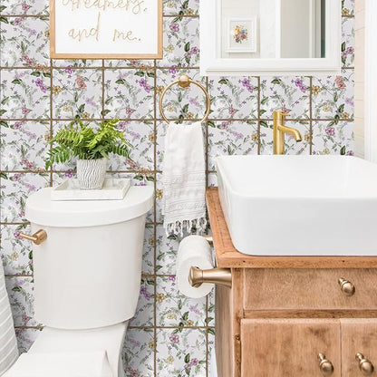 Alwayspon Vinyl Sticker Peel and Stick, Self-Adhesive Wall Tile Transfers Backsplash Sticker Decal for Kitchen Bathroom, 6x6inch/15x15cm 10Pcs, Purple Floral T040