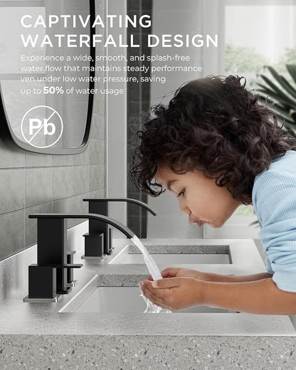 FORIOUS Bathroom Faucet Waterfall 3 Hole 8 Inch Black and Brushed Nickel | Square Bathroom Sink Faucet with Pop-up Drain and 24" Supply Lines, Lead-Free SUS304, Two Handles for Vanity RV Farmhouse