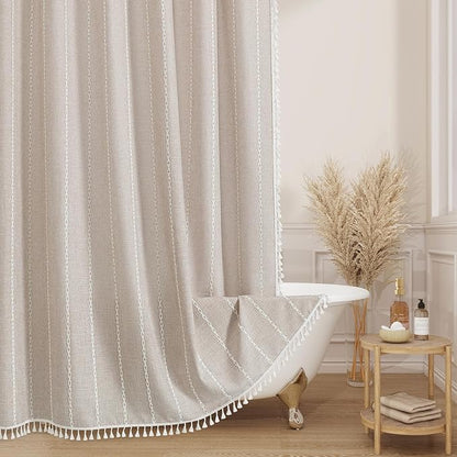 Boho Farmhouse Tassel Linen Shower Curtain,3D Embroidery Stripe Taupe,72x72 | 310GSM Striped Texture Heavy Duty Cloth,Water Repellent,Wrinkle Resistant,Vintage Rustic Country design,12 Plastic Hooks