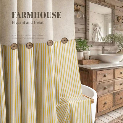 Farmhouse Shower Curtain Linen Button Yellow Stripe 72" W x 72" L | Farmhouse Style, Chic Button, Striped, Linen Fabric, Rustic, Country, Natural Look, Washable, for Bathroom Bathtub