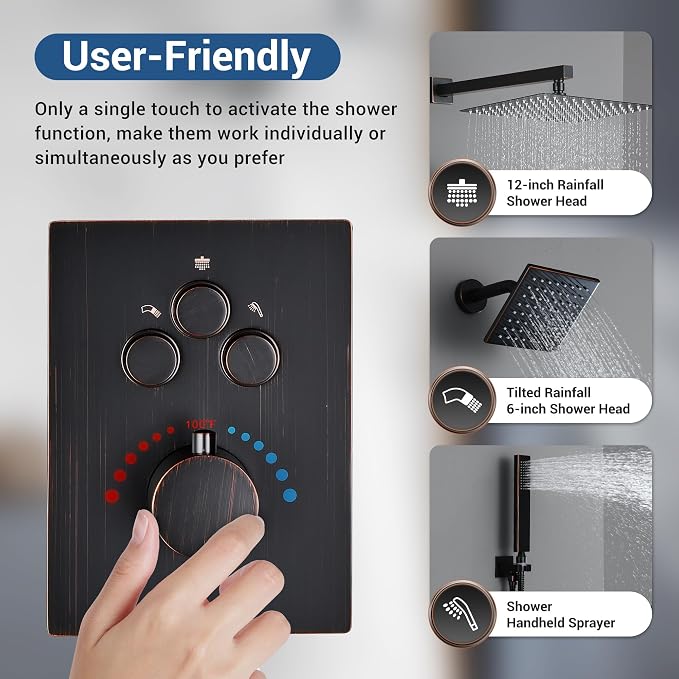 Thermostatic Dual Shower System, Shower Faucet(Oil Rubbed Bronze) | 12 Inch Shower Head, 6 Inch Wall Mount Head, High Pressure Handheld Sprayer, Push Button Valve