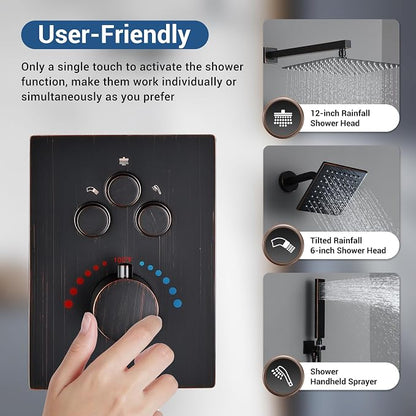 Thermostatic Dual Shower System, Shower Faucet(Oil Rubbed Bronze) | 12 Inch Shower Head, 6 Inch Wall Mount Head, High Pressure Handheld Sprayer, Push Button Valve