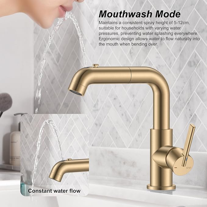 Champagne Bronze Pull Down Bathroom Faucet 1 Handle Vanity Faucet | Pull Out Bathroom Faucet with Pop Up Drain & 6 Inch Deck Plate, Lead-Free cUPC & NSF Certified, 1 Hole Faucet for Vanity RV