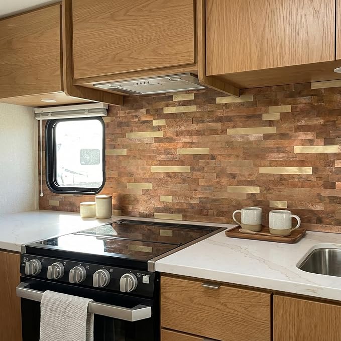 Yipscazo 1 Sheet Peel and Stick Metal Tile Backsplash, Stick on Tiles for Backsplash Kitchen, Bathroom, Laundry Room, Camper, Fireplace (12'' X 12'', Copper)