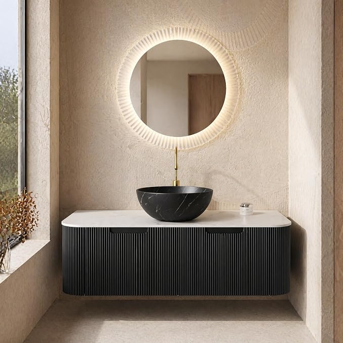 48 Inch Bathroom Vanity with Sink, Floating Wall Mounted Single Sink Vanity, Black Curved Fluted Front, Stone Top, Black Marble Vessel Basin, Pre-Assembled