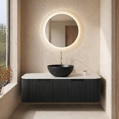 48 Inch Bathroom Vanity with Sink, Floating Wall Mounted Single Sink Vanity, Black Curved Fluted Front, Stone Top, Black Marble Vessel Basin, Pre-Assembled