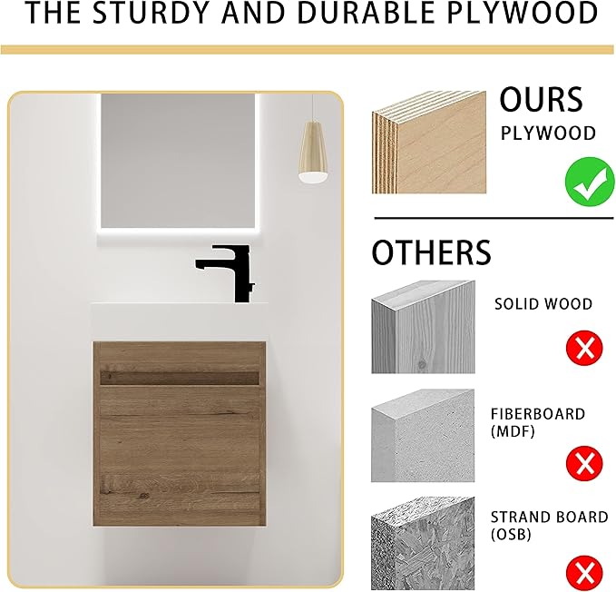 Malwee 18" Floating Bathroom Vanity with Sink, 18 Inch Single Sink Wall Mounted Bathroom Vanity, with 1 Door and White Resin Basin Top for Small Spaces(005-18)