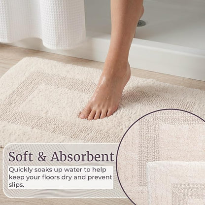 Bedford Home Bathroom Rugs Set (67A-01677) - 2-Piece Cotton Bathroom Mat Set, Machine Washable Standard & Large Bath Mats for Washroom, Kitchen, or Laundry Room (Ivory)