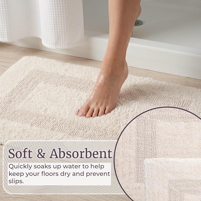 Bathroom Rugs - 2-Piece Cotton Bathroom Mat Set - Machine Washable Bath Mats for Washroom, Kitchen, or Laundry Room by Lavish Home (Ivory)
