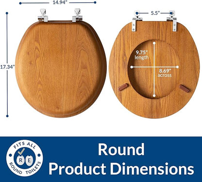 Mayfair Natural Oak Veneer Toilet Seat with Chrome Hinges, Round, Wood