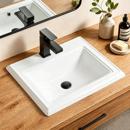 23" Drop-in Bathroom Sink With Single Hole White Ceramic Rectangular Vanity Basin Modern Self-Rimming Design for Master Bath, Powder Room and Guest Bathroom