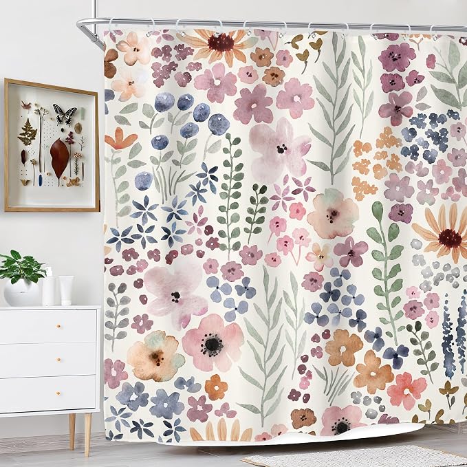 Cute Floral Flower Watercolor Spring Botanical Bathroom Shower Curtain Set | 72"W x 72"H Rustic Plant; waterproof HD print, quick-dry fabric with 12 hooks for easy hanging.