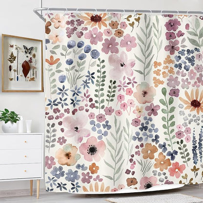 Cute Floral Flower Watercolor Spring Botanical Bathroom Shower Curtain Set | 72"W x 72"H Rustic Plant; waterproof HD print, quick-dry fabric with 12 hooks for easy hanging.