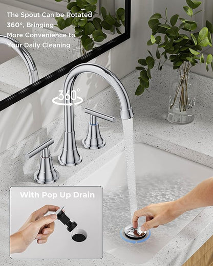 FORIOUS Chrome Bathroom Faucet Vanity 3 Holes, 8 Inch Widespread Polished Chrome Faucet for Bathroom Sink 3 Piece with Pop-up Drain and 360 Degree Swivel Spout, Silver Rv Lavatory Tap