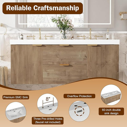 Modern Double Sink Wall-Mounted Bathroom Vanity 60 Inch with SMC Countertop and Divided Drawers, Vintage MDF Cabinet with Storage, Soft Close Doors and Metal Handles for Large Bathrooms, Natural
