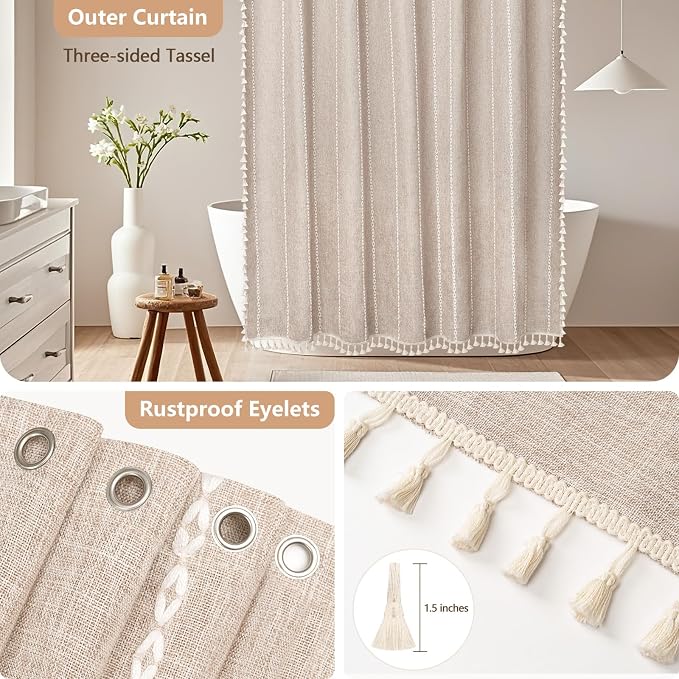 Seenus Boho Farmhouse Shower Curtain and Fabric Liner Set, Heavyweight Linen Textured Fabric Shower Curtain Taupe with Tassels, 2 in 1 Waterproof Fabric Shower Curtain Set for Bathroom, 72x72 Inch