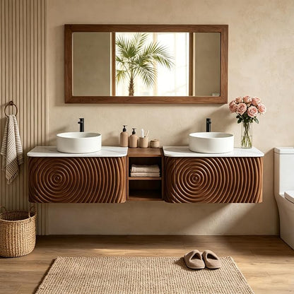 72" Floating Bathroom Vanity with Double Sink, Mid-Century Wall Mounted Bathroom Vanity Cabinet with Wood Waved Decor, Ceramic Vessel Basin, Sintered Stone Top, Soft Close Drawer, Side Open Cube