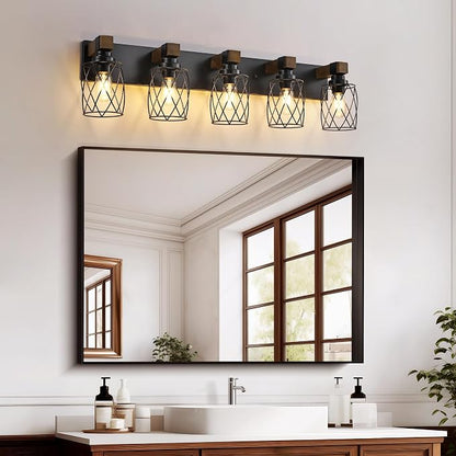 Farmhouse 5-Light Wood Bathroom Vanity Light, Black Metal Cage Shade | Mounted Over Mirror, Industrial Rustic Style, Ideal for Bathroom, Bedroom, Hallway & Living Room, Easy To Install