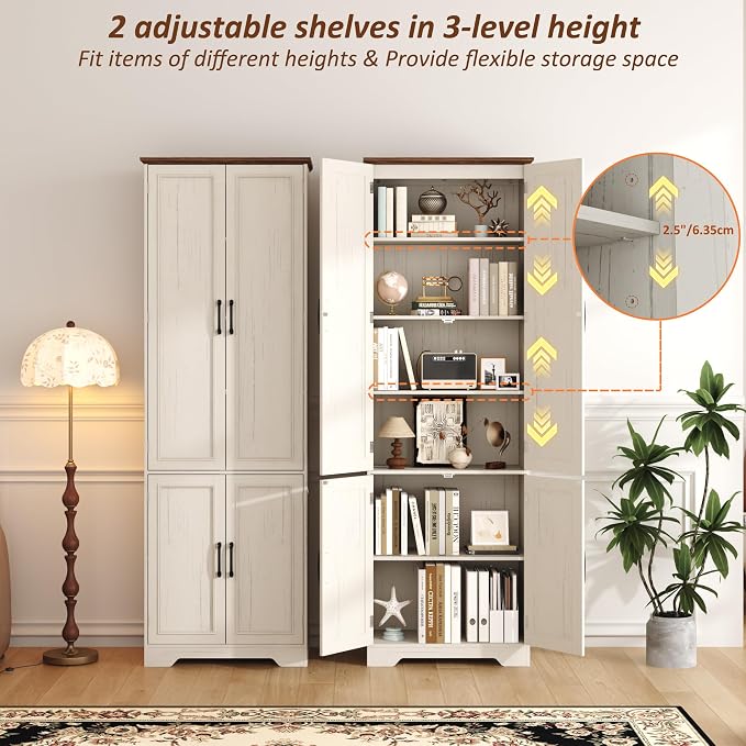 Function Home 72" Kitchen Pantry Cabinet, Tall Wood Farmhouse Storage Cabinet with Doors and Adjustable Shelves, 6 Tier Freestanding Cupboard for Kitchen Dining Living Room Bathroom, Antique White