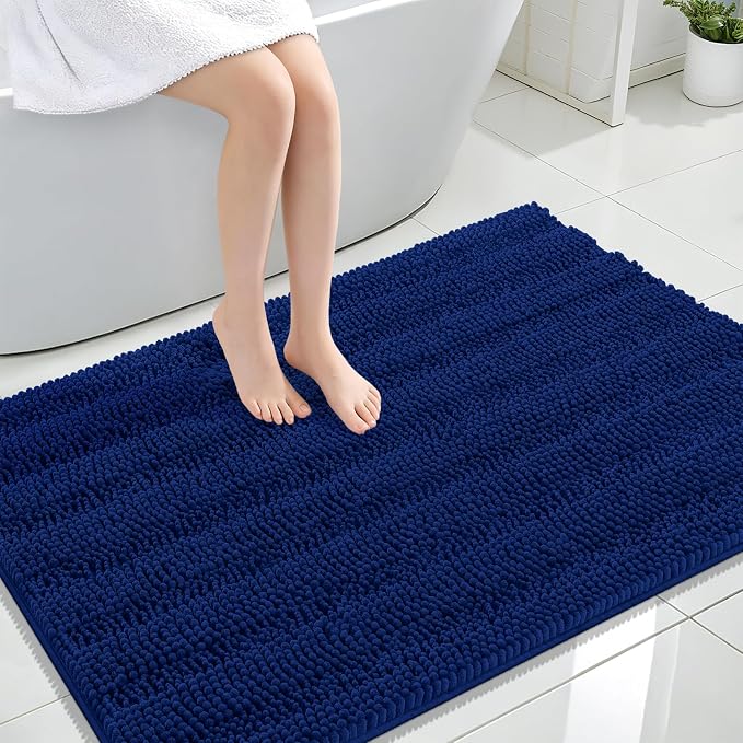 OLANLY Thick Large Bathroom Rugs 44x32, Soft Chenille Bath Rugs, Navy | Absorbent Striped, Rubber Backing, Machine Wash Dry, Bath Mats for Bathroom Floor, Tub and Shower, Home Decor Accessories