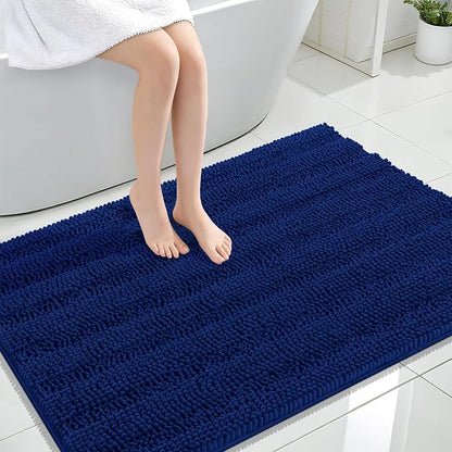 OLANLY Thick Large Bathroom Rugs 44x32, Soft Chenille Bath Rugs, Navy | Absorbent Striped, Rubber Backing, Machine Wash Dry, Bath Mats for Bathroom Floor, Tub and Shower, Home Decor Accessories