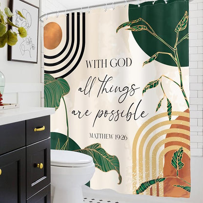 Green Boho Bible Shower Curtain Christian Scripture Bathroom Curtain Set | Verse Inspirational Quotes Abstract Tropical Palm Mid Century 60Wx72L Bathroom Decor Waterproof Fabric with Free Hooks