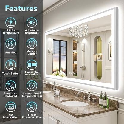 77x36 Inch Brushed Nickel LED Bathroom Mirror, Backlit & Front Lit | Silver Framed Anti-Fog Lighted Vanity Mirror with Lights, 3 Color Dimmable, Memory, HD Tempered Glass, CRI95, IP54, UL Listed
