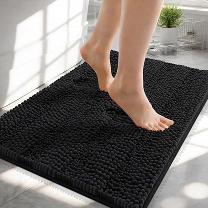 OLANLY Thick Small Bathroom Rugs 24x16, Soft Chenille Bath Rugs, Black | Rubber Backing, Machine Wash, Extra Absorbent Striped Bath Mats for Bathroom Floor, Tub and Shower, Home Decor Accessories