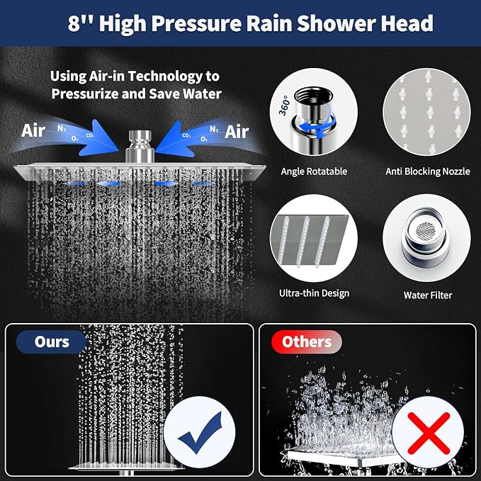 Airlex Shower Head Rain Shower Head with Handheld Spary, High Pressure Rainfall Showerhead and 4 Modes Handheld Shower Heads Built-in Power Wash with 71 Inch Stainless Steel Hose, 8'' Sliver