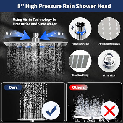 Airlex Shower Head Rain Shower Head with Handheld Spary, High Pressure Rainfall Showerhead and 4 Modes Handheld Shower Heads Built-in Power Wash with 71 Inch Stainless Steel Hose, 8'' Sliver