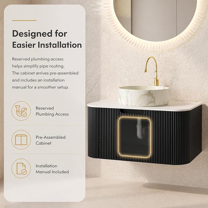 30 Inch Bathroom Vanity with Sink, Floating Wall Mounted Single Sink Vanity, Black Curved Fluted Front, Stone Top, Marble-Look Round Vessel Basin, Pre-Assembled